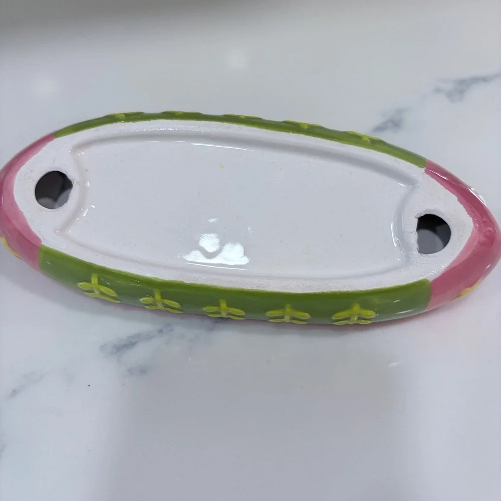 Ceramic Canoe Trinket Dish Pink Green Floral Star Hand Painted Jewelry Tray